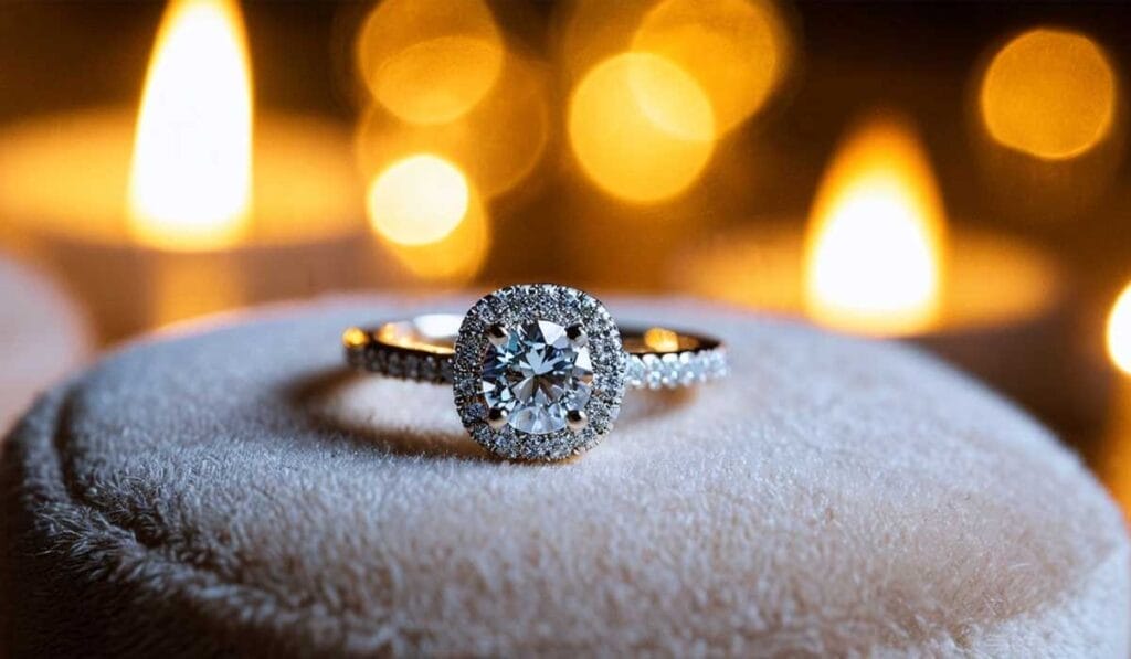 Close-up of a halo cut diamond ring with a large central stone and smaller diamonds on the band, placed on a soft surface with blurred candlelight in the background.