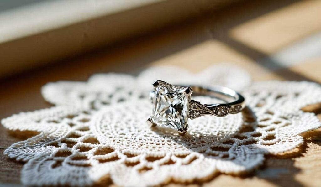 Close-up of a diamond engagement ring with a square-cut center stone placed on a lace doily, illuminated by window light.