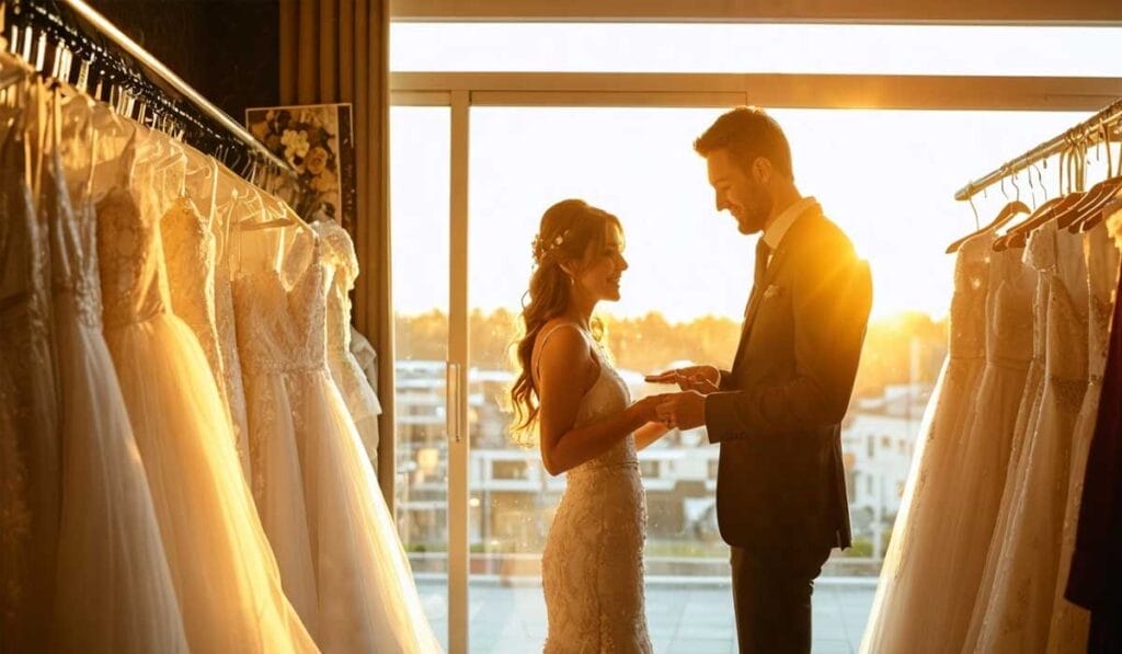 A couple stands together, holding hands and smiling, in a boutique filled with wedding dresses. A bright sunset is visible through the window behind them.