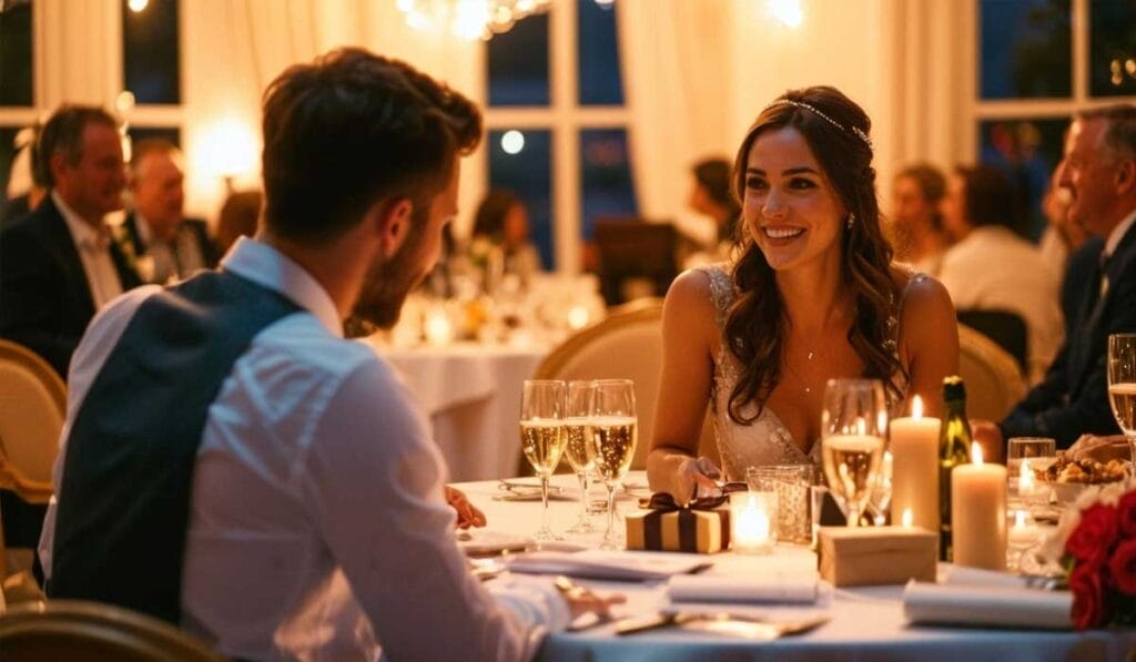 A couple dressed in formal attire sits at a table, smiling at each other during an indoor evening event with guests seated around in a warmly lit room.