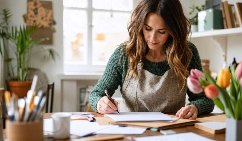 A woman wearing a green sweater and apron sits at a desk, drawing on paper. Art supplies are spread out on the desk, and tulips are in the foreground. There's a bright window and plants in the background.