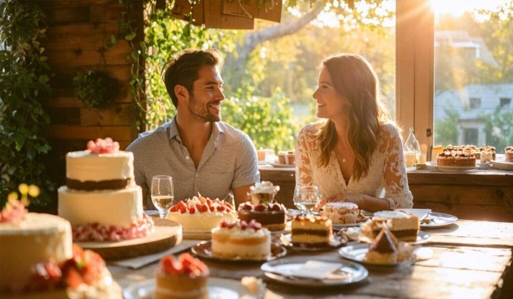 A man and a woman sit at a table filled with various cakes and desserts, smiling at each other, with sunlight streaming through the window behind them.