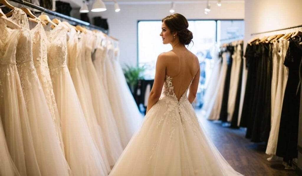 A woman in a bridal gown stands in a boutique, surrounded by a variety of wedding dresses.