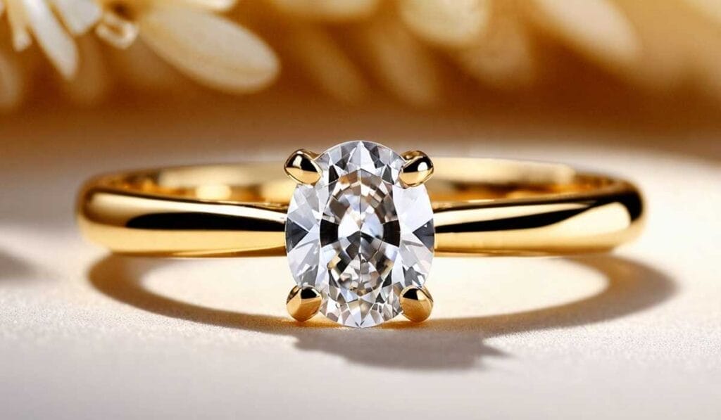 A gold ring with an oval-shaped diamond centerpiece on a light-colored surface.