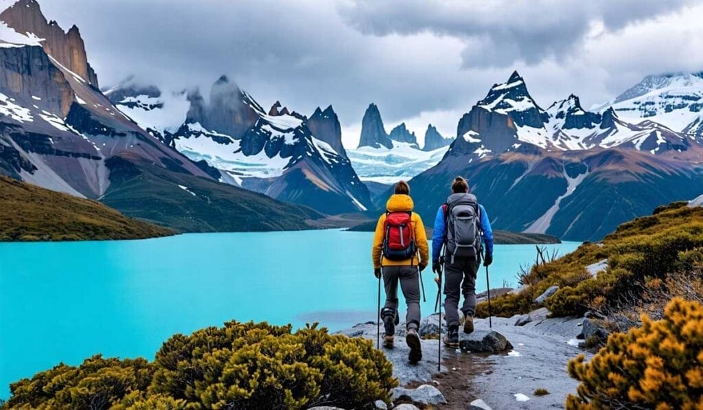 Two hikers with backpacks and trekking poles walk along a trail overlooking a bright blue lake surrounded by snowy mountain peaks under a cloudy sky.