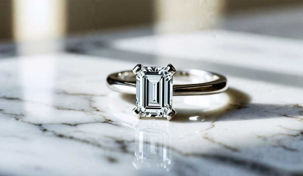 A rectangular-cut diamond ring with a silver band is displayed on a marble surface with shadows cast around it.