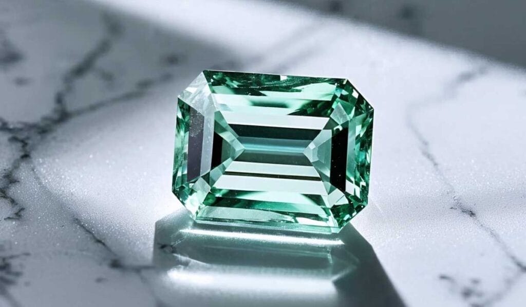 A light green emerald-cut gemstone with sharp edges is placed on a white marble surface illuminated by natural light.