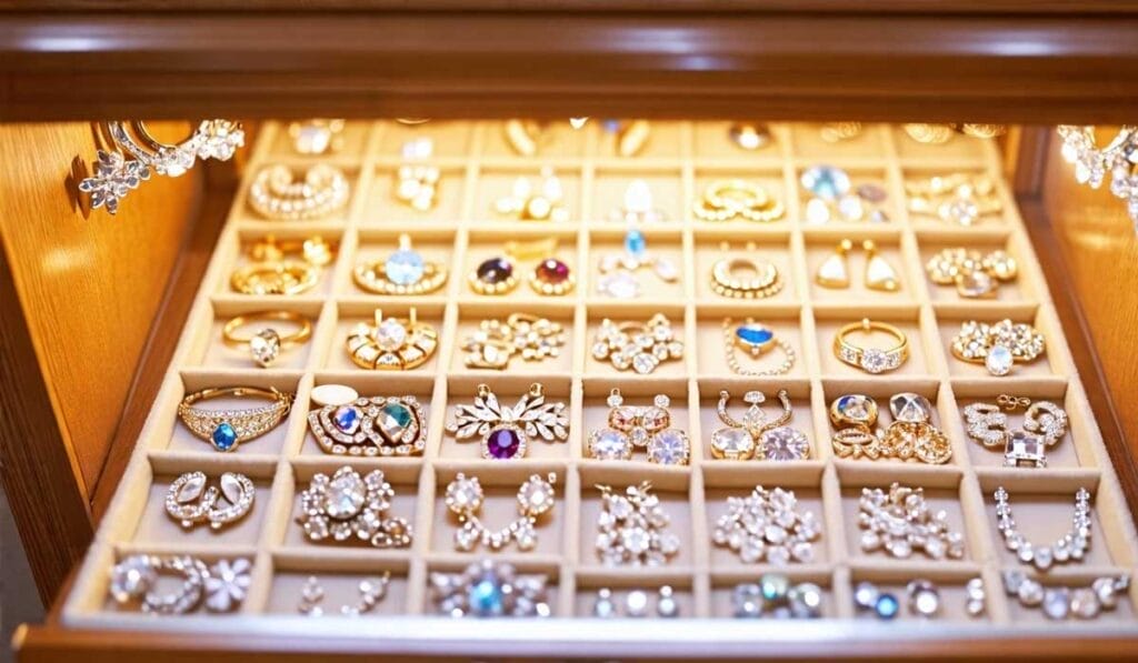 A wooden jewelry box displaying various gold rings, earrings, and brooches adorned with gemstones in a neatly arranged grid pattern under lighting.