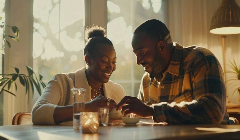 A couple sits at a sunlit table, smiling and sharing a meal, with candles and plants in the background.