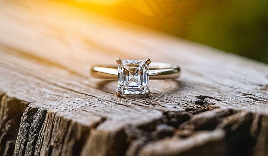 A radiant cut diamond ring in a silver setting is placed on a weathered wooden surface with sunlight in the background.