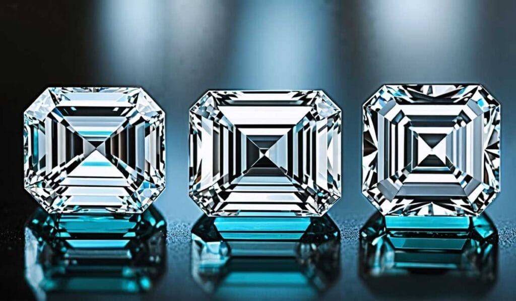 Three emerald-cut diamonds are placed side by side on a reflective surface, showcasing their symmetry, clarity, and precise faceting.