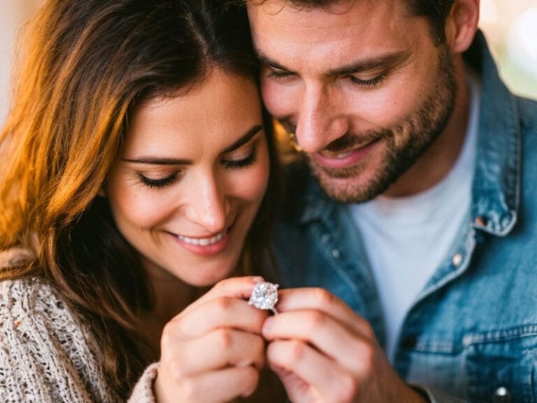 A smiling couple closely looking at an engagement ring, with the woman's hand holding the ring.