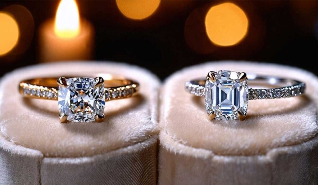 Two engagement rings with large square diamonds on velvet cushions, lit by warm candlelight in the background.