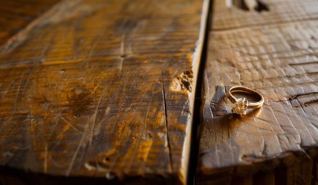 A gold ring with a diamond setting rests on a rustic wooden surface with visible textures and grains.