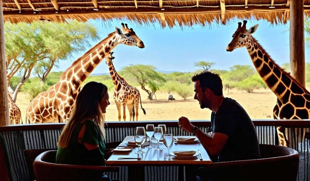 A couple seated at an outdoor restaurant table converse while giraffes stand nearby in the background.