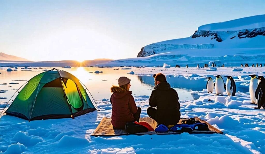 Two people sitting on a blanket beside a tent on a snowy landscape, with penguins nearby and the sun setting behind icy mountains.