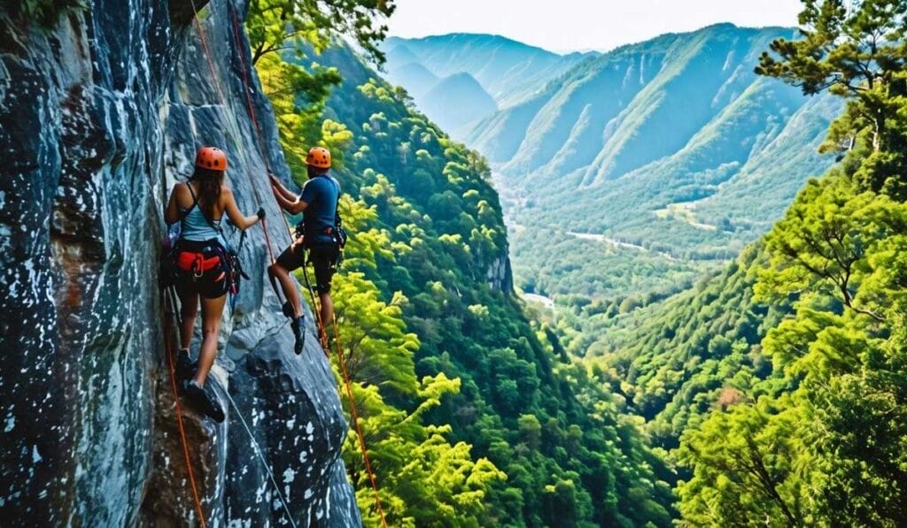 Two climbers with helmets and ropes ascend a steep rock face surrounded by lush green trees, set against a backdrop of a vast valley and mountains in the distance.