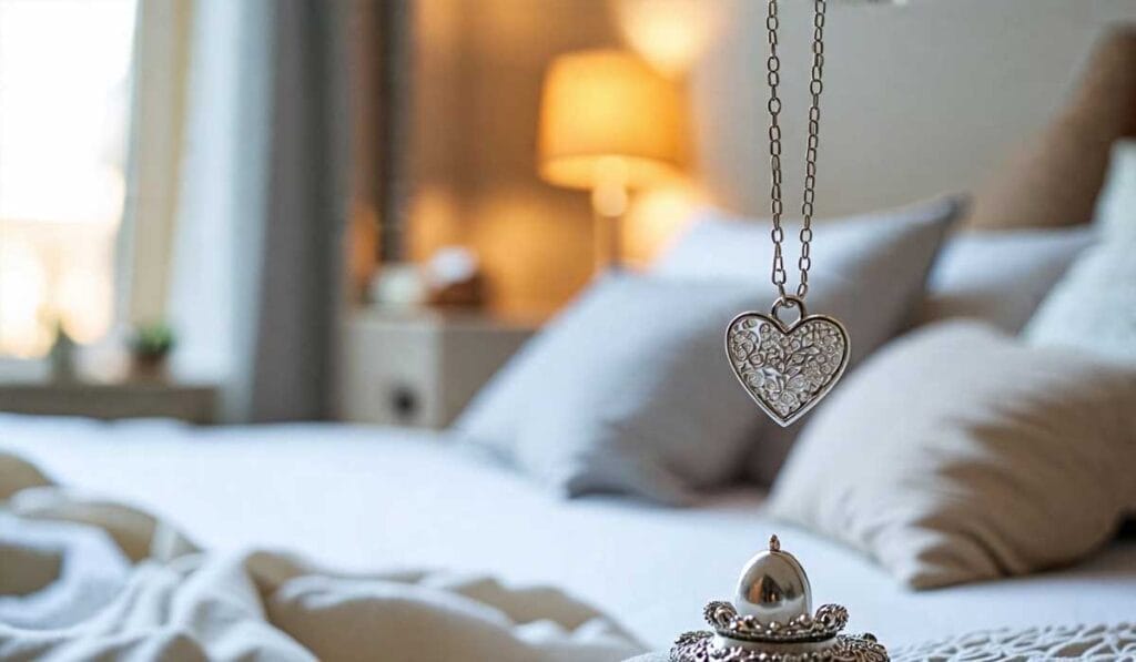 A heart-shaped necklace is hanging in the foreground with a neatly made bed and a lit table lamp in the blurred background.