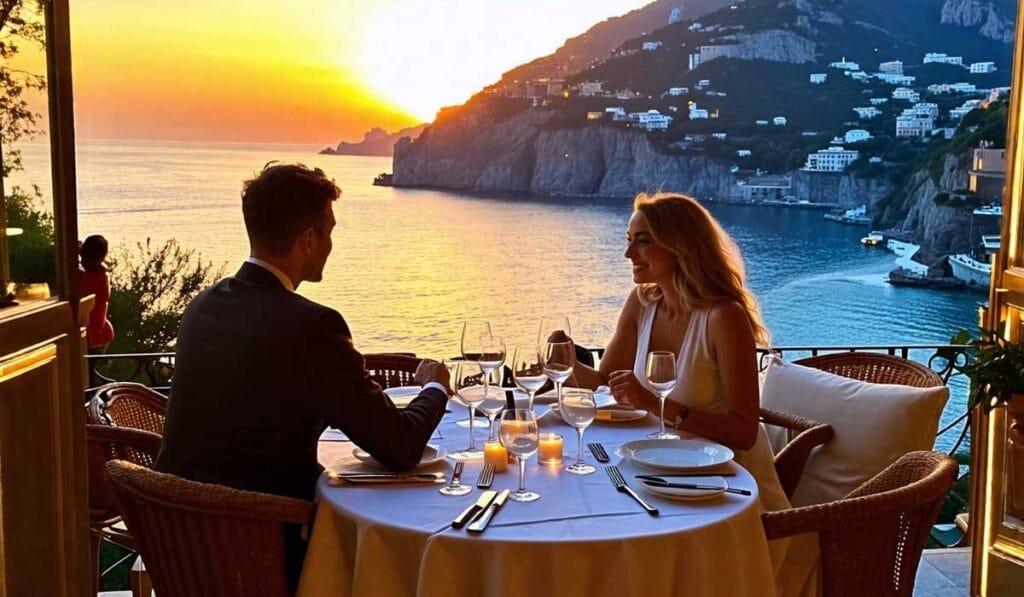 A couple sits at a candlelit table on a balcony overlooking the sea at sunset, surrounded by hilly coastal scenery and buildings.