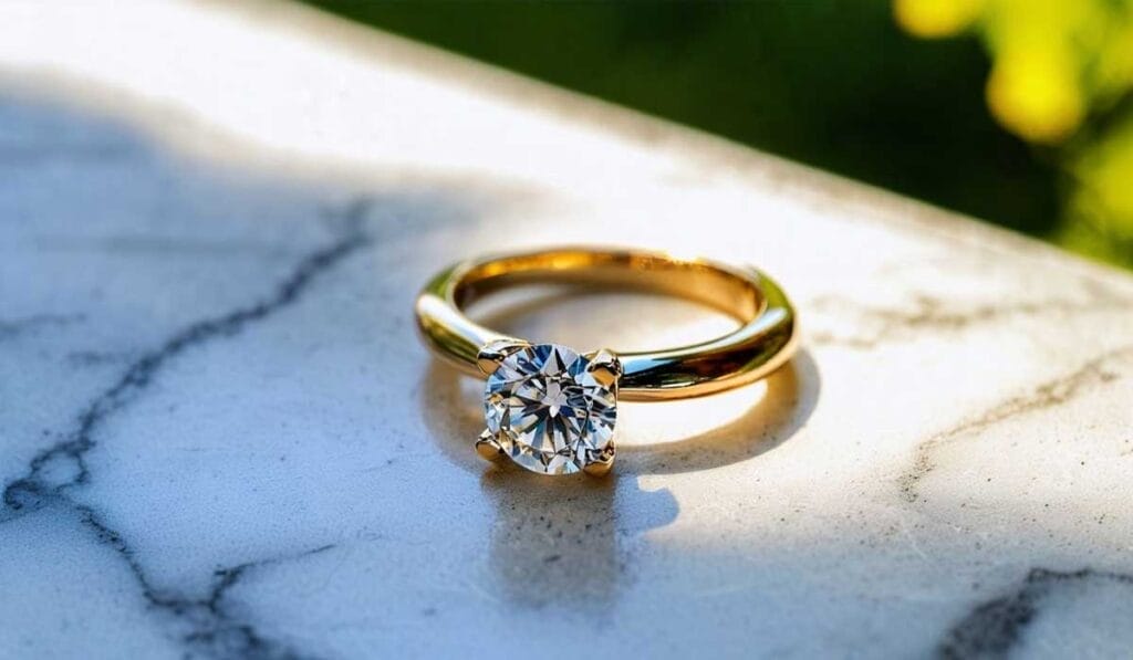 A gold engagement ring with a prominent diamond set on a marble surface, illuminated by soft sunlight.