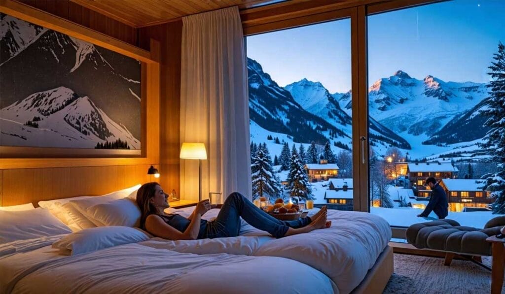 A person relaxes on a bed in a cozy room with a large window view of a snowy mountain village at dusk.