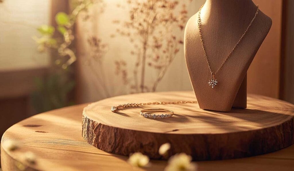 Jewelry set with a flower-shaped pendant necklace and matching ring is displayed on a wooden surface with a warm, rustic background.