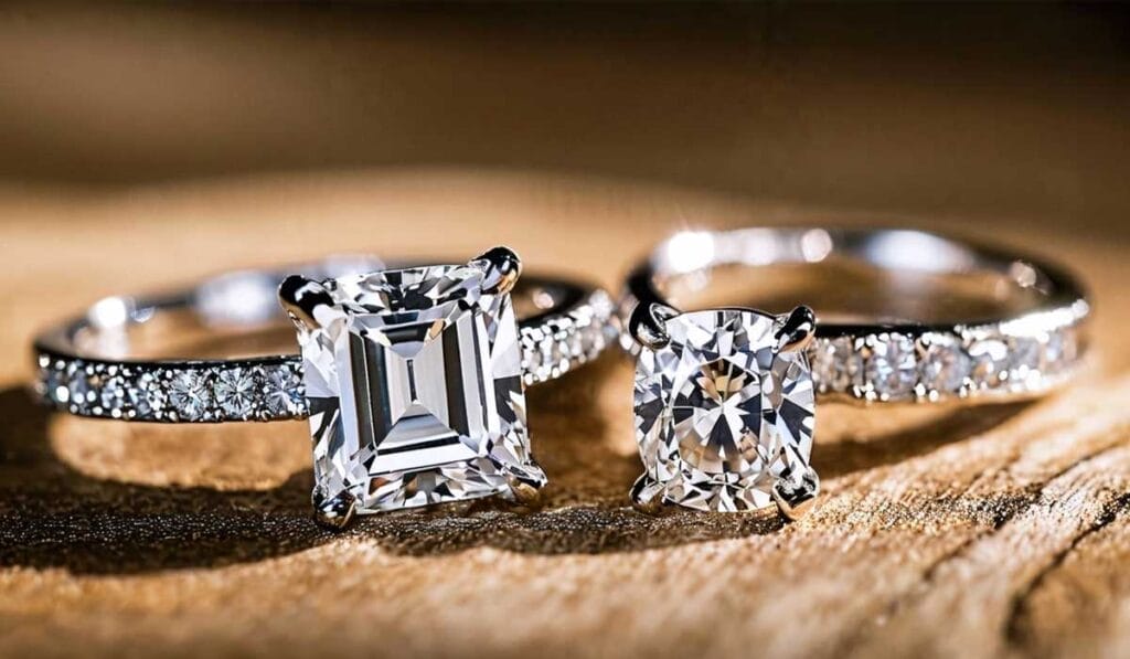 A close-up of two diamond rings on a wooden surface. Each ring features a large center diamond with smaller diamonds encrusted along the bands.