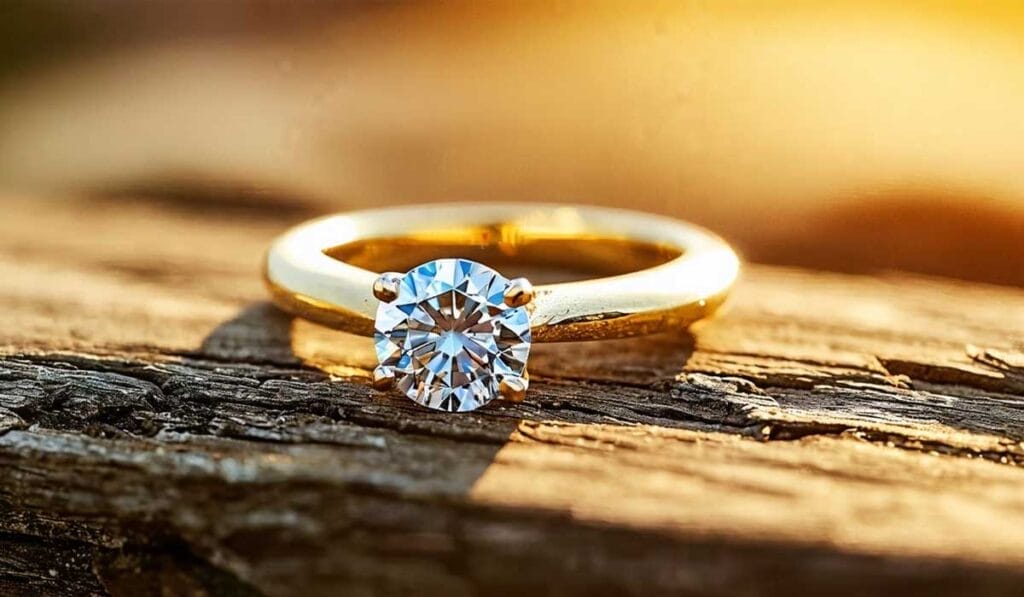 A gold ring with a large round diamond on an aged wooden surface, illuminated by warm sunlight.