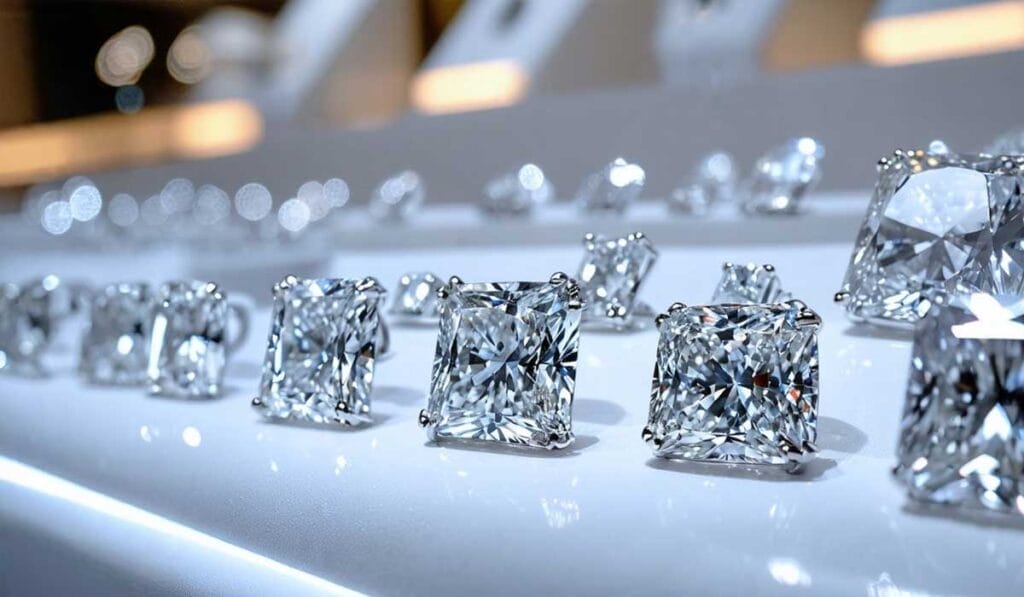 Various large, square-cut diamonds displayed on a white, glossy surface under bright lighting.