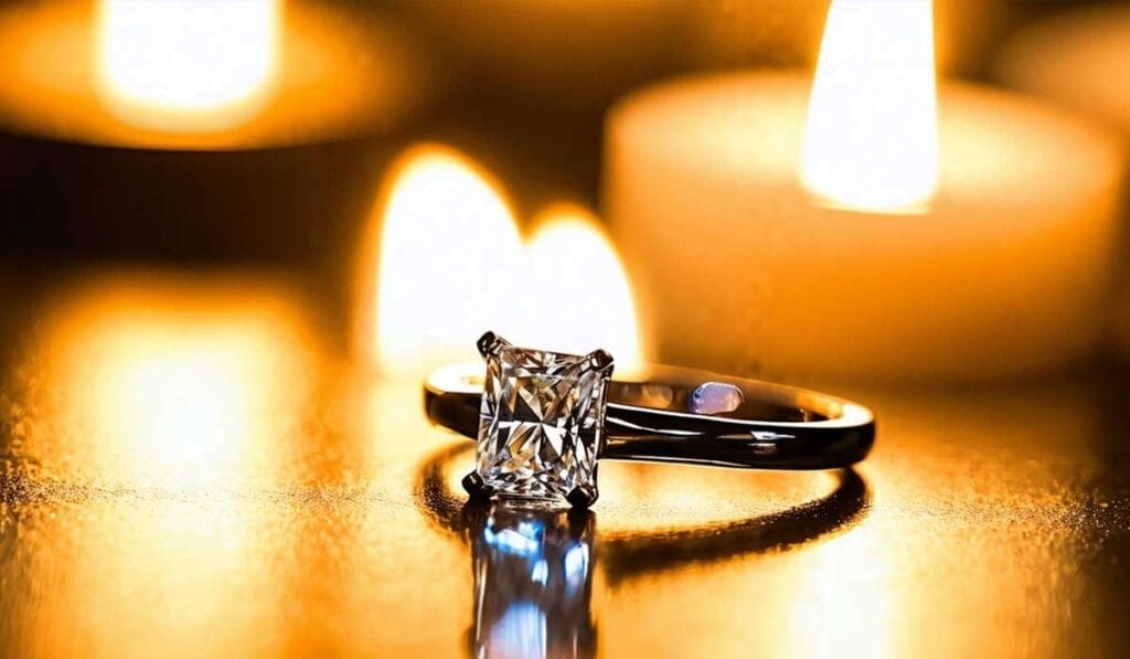 A diamond ring is placed on a reflective surface with lit candles in the background.