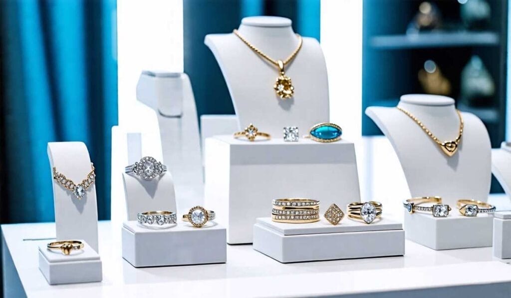 A display of various jewelry pieces, including necklaces, rings, and bracelets, all adorned with gold and diamonds, presented on white stands in a well-lit store.