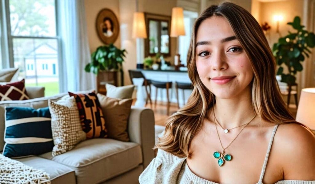 A woman with long hair and a necklace featuring blue stones smiles slightly, standing in a well-lit living room with modern decor, containing a sofa, indoor plants, and a dining table.