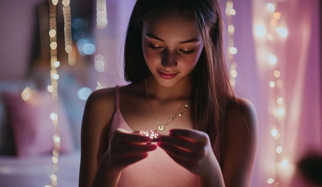 A young woman in a softly lit room holds a delicate string of lights, creating a warm, ambient glow.