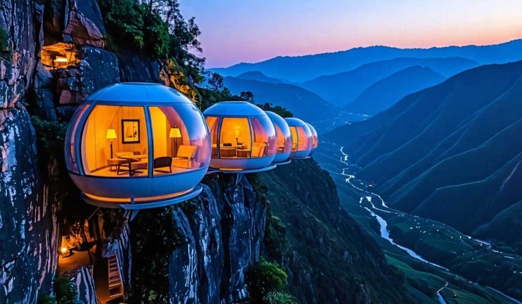 Four round, futuristic glass pods with warm interior lighting are suspended on a cliffside at dusk, overlooking a winding river and layered mountain ranges in the background.