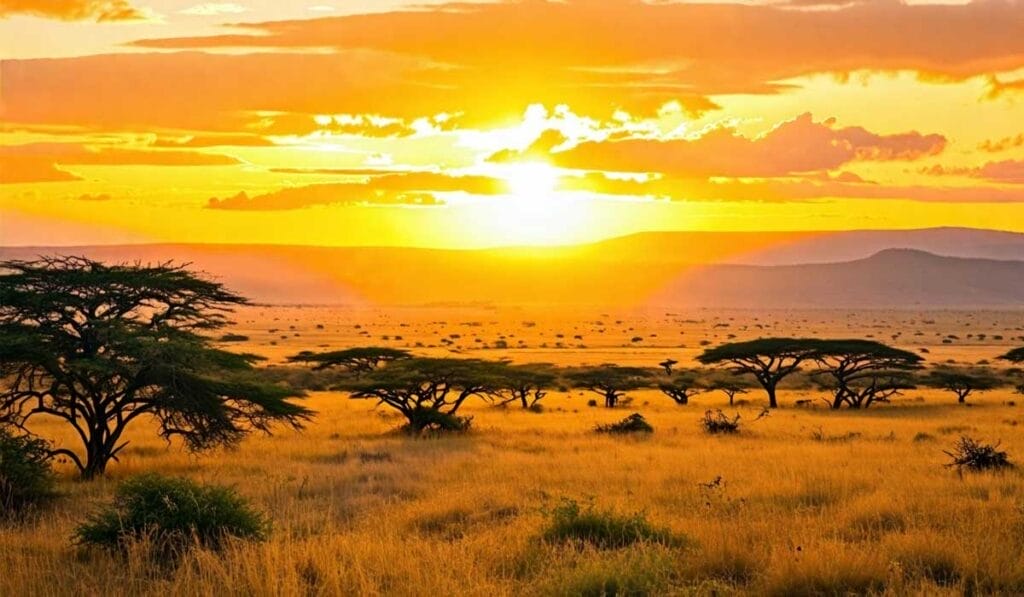 A golden sunset illuminates an expansive savanna landscape with scattered acacia trees and distant mountains.