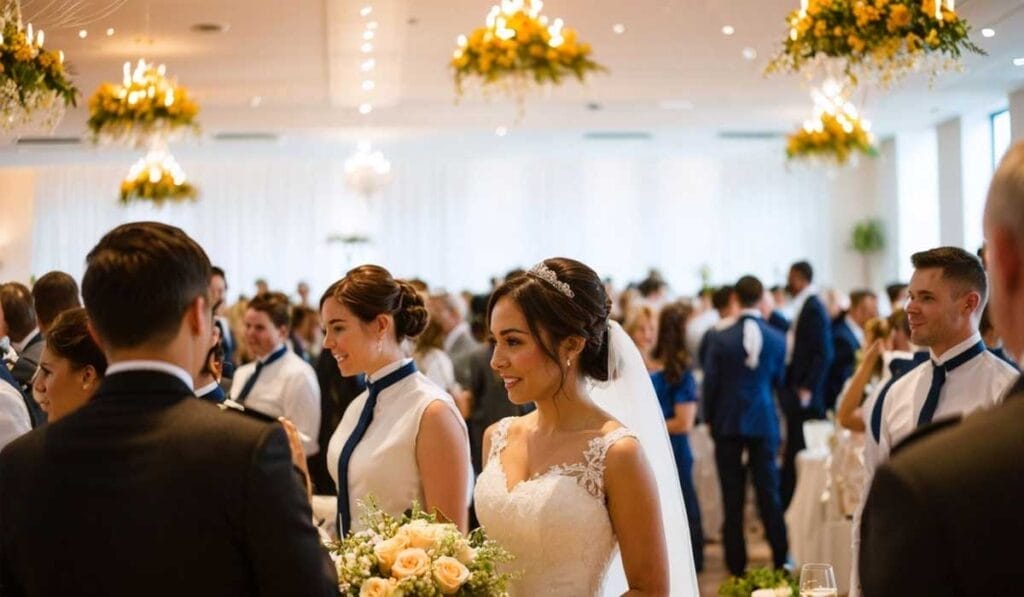 A bride in a white dress stands in a reception hall with guests dressed formally, surrounded by floral arrangements.