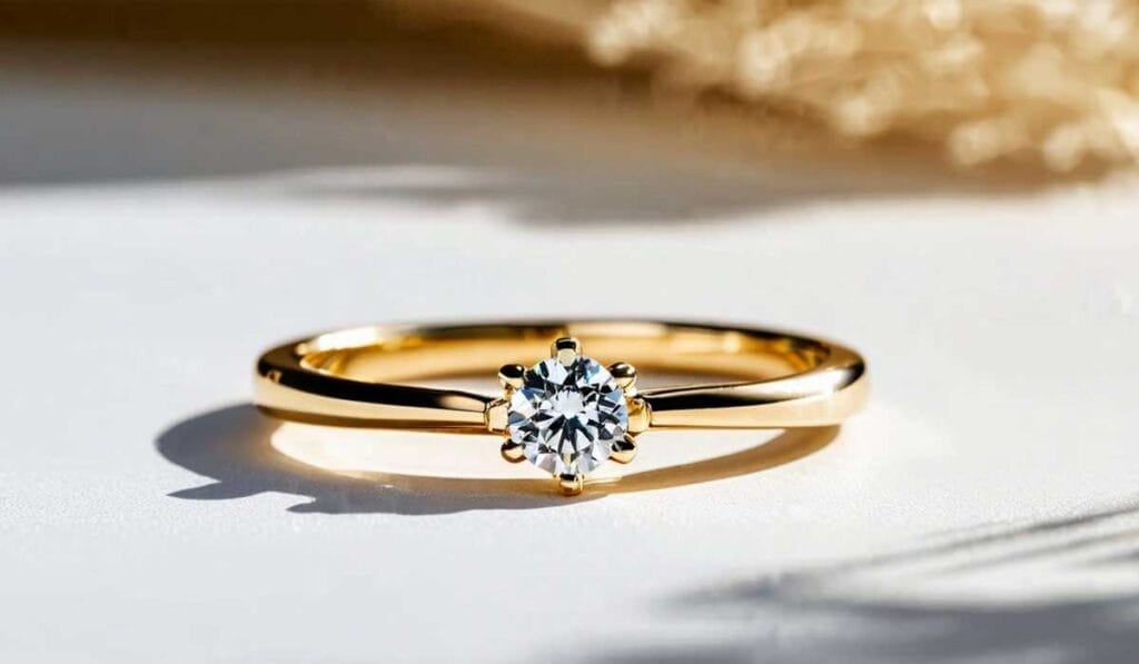 A gold engagement ring with a single round diamond set in the center.