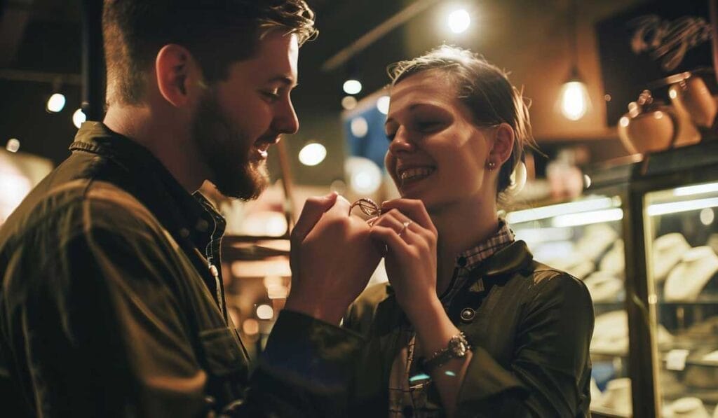 A couple smiling at each other while holding hands in a warmly lit room.