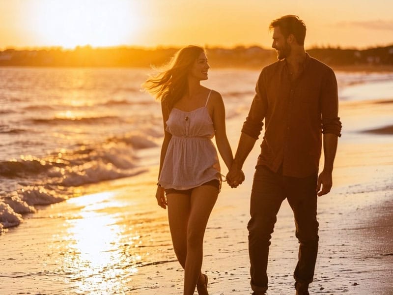 A couple holding hands and walking along the beach at sunset, with waves gently lapping at their feet.