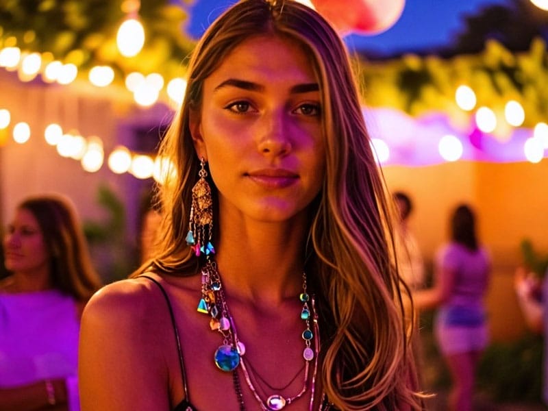 Young woman with long hair and statement jewelry stands outdoors at a well-lit nighttime gathering. Other attendees are blurred in the background.