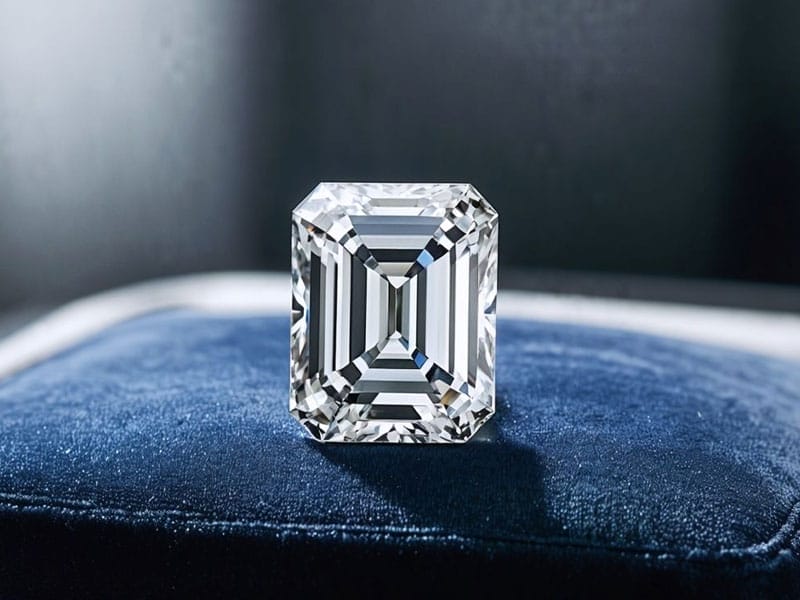 A large, square-cut diamond is displayed on a dark blue velvet surface, with intricate facets reflecting light.