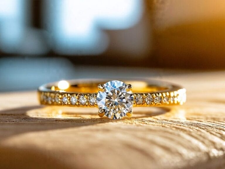 A close-up image of a gold engagement ring with a round-cut diamond center stone and smaller diamonds set along the band.