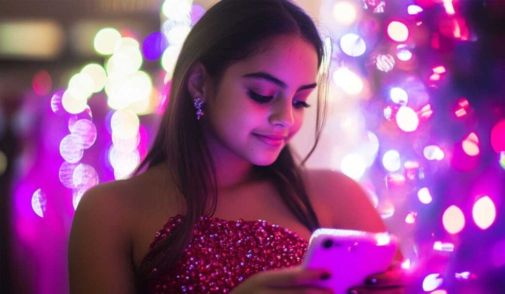 A young woman wearing a red sequined dress looks down at her smartphone while standing in front of colorful, blurred lights.