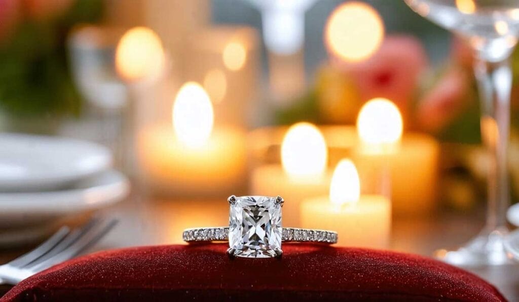 A diamond ring on a red velvet cushion, surrounded by lit candles and glassware in the background.