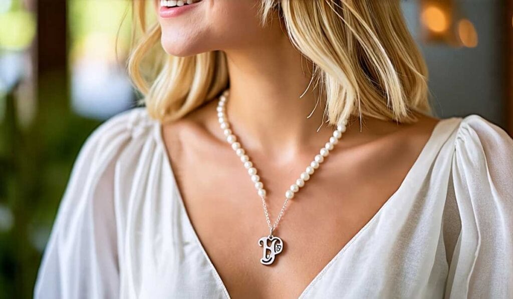 A person wearing a white blouse and a pearl necklace with a pendant shaped like the letter "B".