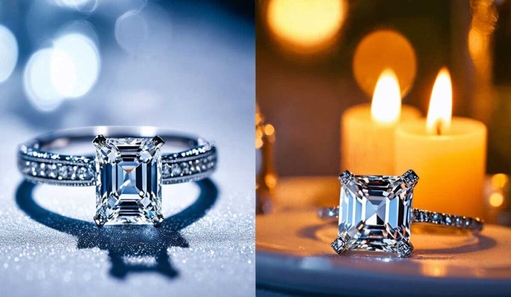 Two images of a diamond ring with a rectangular cut stone: left image shows the ring on a shiny surface; right image shows the ring next to lit candles.