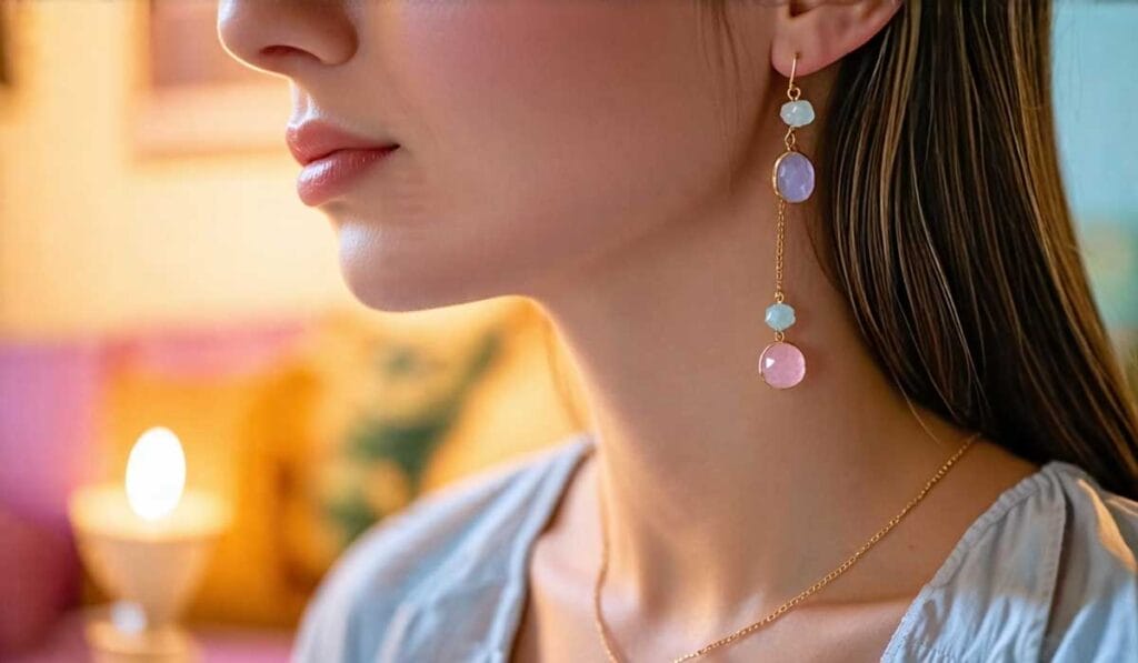 Close-up of a woman wearing a long earring with multicolored beads and a delicate necklace, facing slightly to the left. A blurred background includes a candle and colorful cushions.