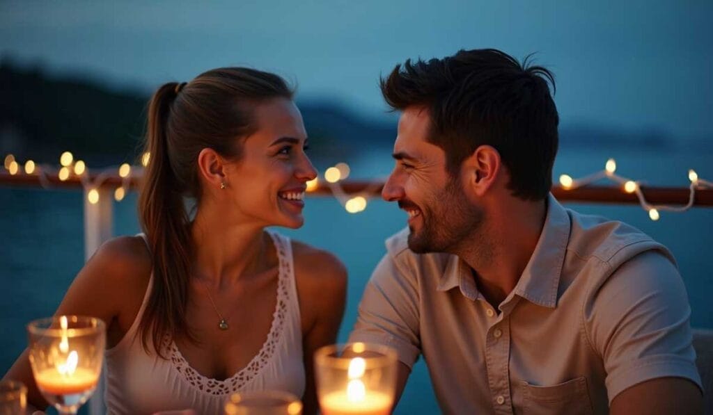 A couple smiling at each other while sitting at a candlelit dinner with string lights in the background.