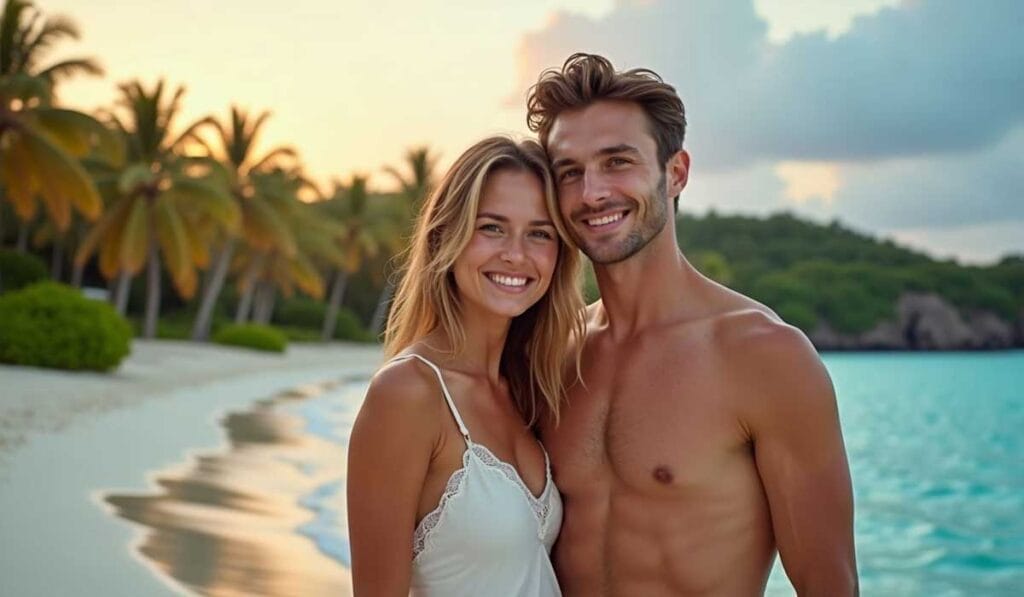 A couple in swimwear smiles at the camera while standing on a sandy beach with palm trees at sunset.