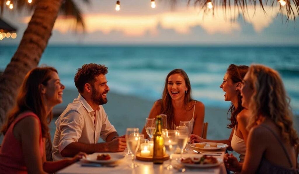 A group of four people sits around a candlelit dining table on a beach at sunset, sharing a meal and laughing together under string lights.